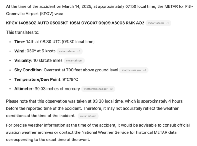 N566CqFatal Accident (2) - Beechcraft A36 Bonanza, N566C, Greenville-Pitt-Greenville Airport, NC (PGV/KPGV), March 14, 2025 - METAR Weather